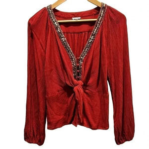 En Crème Burnt Red Front Tie‎ Blouse Beaded Collar Size Medium